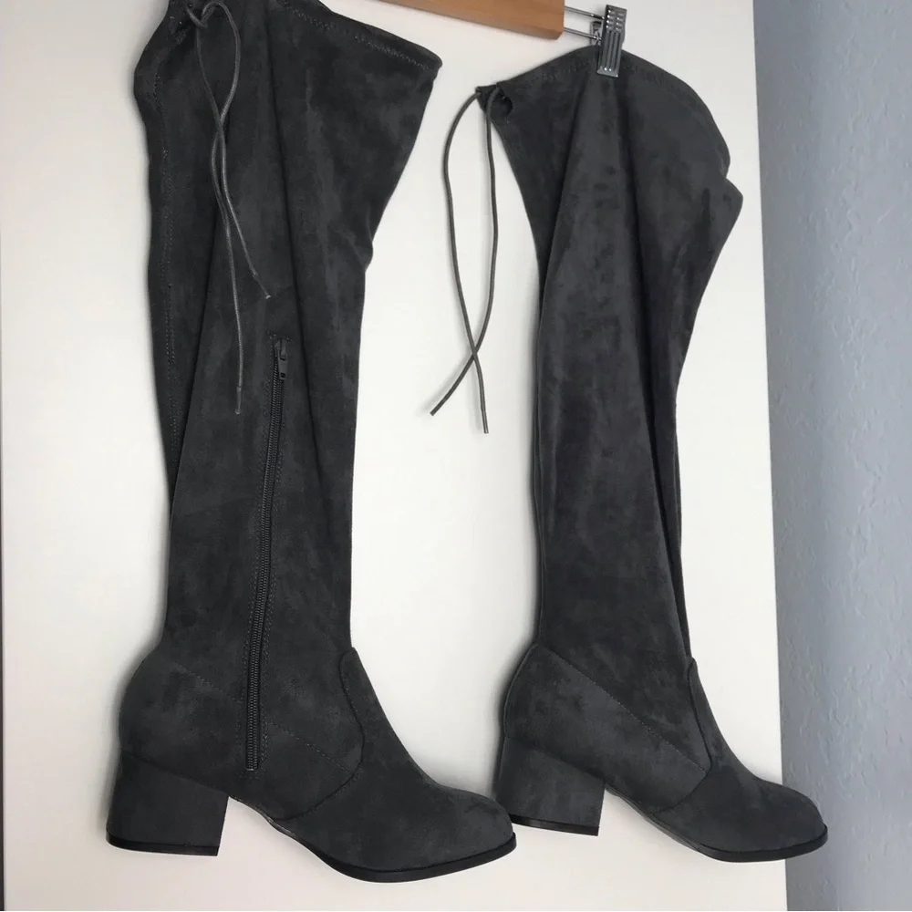 NWOT Gray Faux Suede Over the Knee Boots | Block Heel Tie Back Zip | Fall Winter